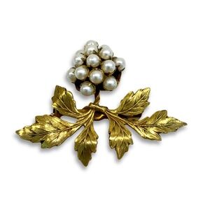 Vintage Signed Sandor Faux Pearl Strawberry Gold Tone Brooch Pin